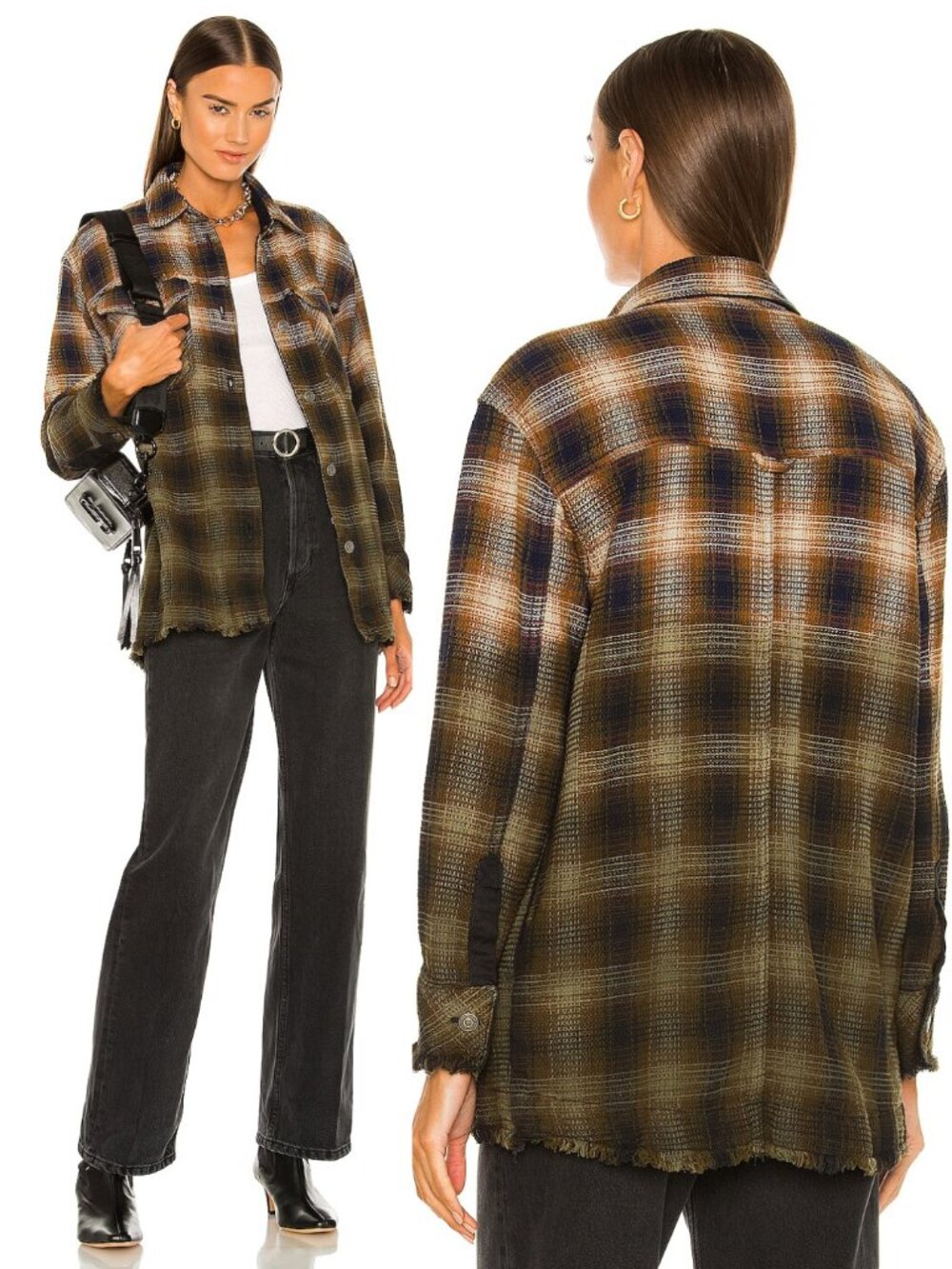 FREE PEOPLE Anneli Plaid Shacket Raw Hem Oversized Boho Barn Jacket Slouchy XS